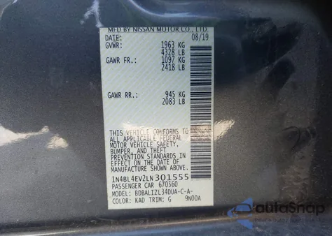 2020 Nissan Altima Sl Fwd из США, поврежденный, VIN 1N4BL4EV2LN301555